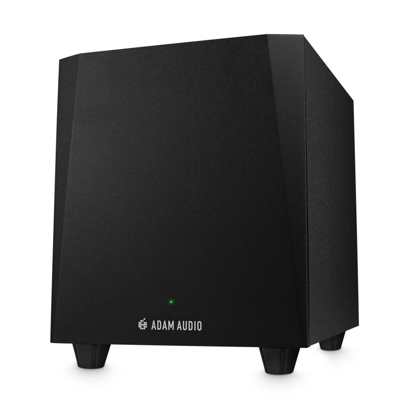 ADAM Audio T10S aktív stúdió-mélyláda fekete kabinetben, saját lábakkal és előlapi állapotjelzővel
