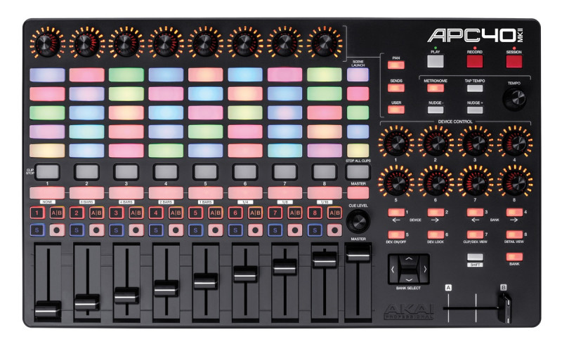 Akai APC40 MKII Ableton-kontroller 8×5 klipmátrixszal, csatornafaderekkel, potméterekkel és crossfaderrel